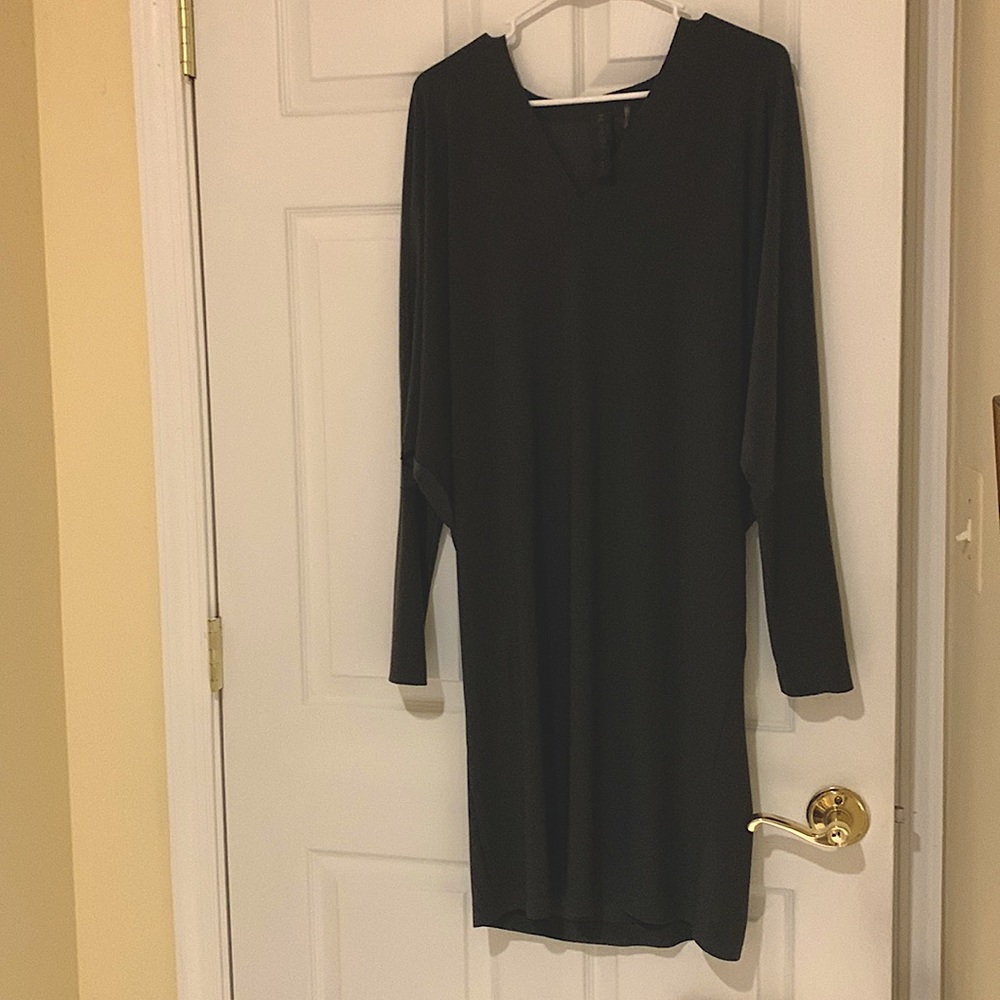 Norma Kamali dark olive dolman sleeved dress.